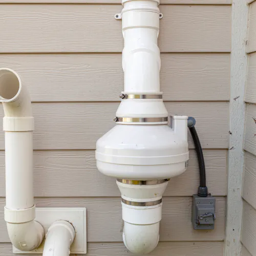 front view of pvc pipes connected to a radon mitigation system grafton wi
